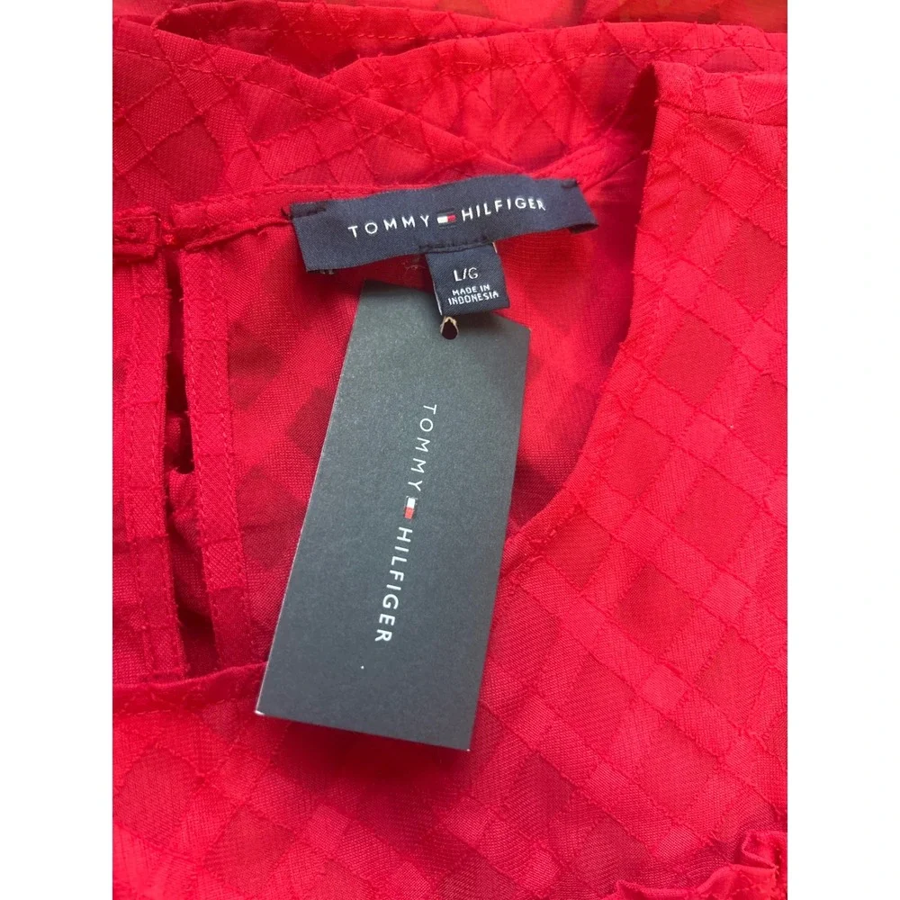 Tommy Hilfiger Women Red Diamond Textured Peplum Blouse‎ Top Size L